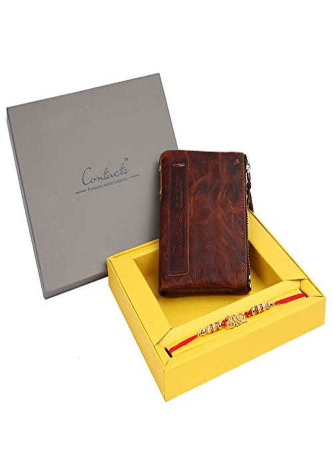 Contacts Men's Genuine Leather Wallet with Rakhi Combo Gift Set | RFID Blocking for Men Bifold Zip Wallet| 7 to 8 Card Slots Including 1 ID Window, Brown - Image 1